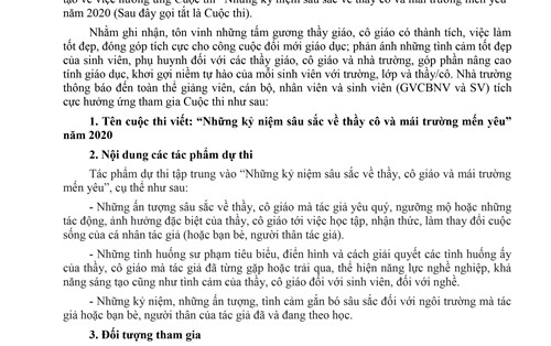 THÔNG BÁO v/v hưởng ứng Cuộc thi “Những kỷ niệm sâu sắc về thầy cô  và mái trường mến yêu” năm 2020