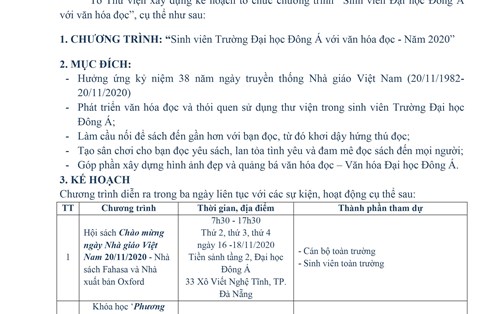 KẾ HOẠCH tổ chức chương trình “Sinh viên Đại học Đông Á với văn hóa đọc”