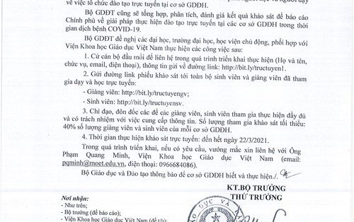 [THÔNG BÁO] V/v khảo sát tình hình đào tạo trực tuyến trong thời gian dịch bệnh Covid-19
