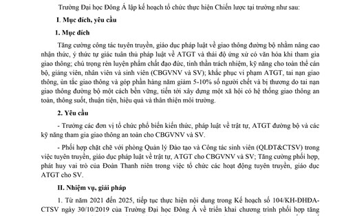 [KẾ HOẠCH] thực hiện Chiến lược bảo đảm trật tự, an toàn giao thông đường bộ tại trường Đại học Đông Á giai đoạn 2021-2030