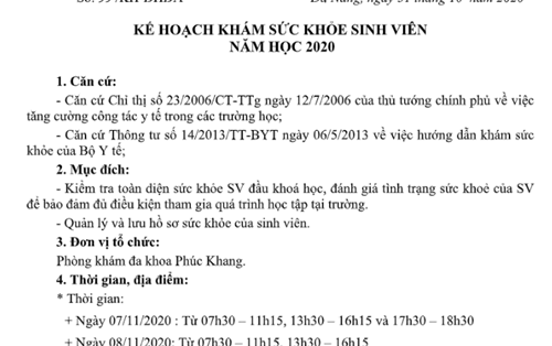 Kế hoạch khám sức khỏe sinh viên năm 2020