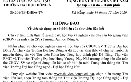 THÔNG BÁO  Về việc sử dụng cơ sở dữ liệu của thư viện liên kết