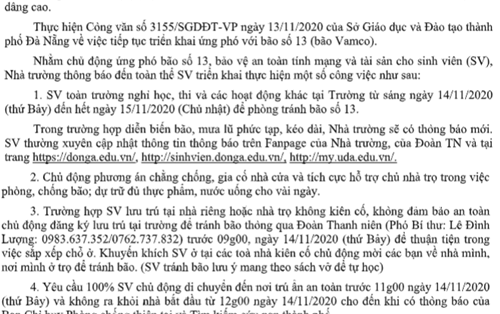 THÔNG BÁO v/v triển khai ứng phó với bão số 13 (bão Vamco)